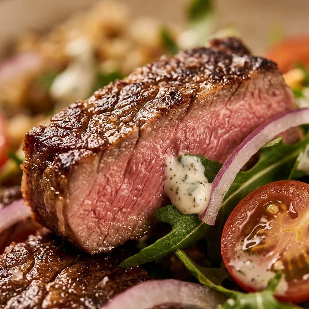 Steak salad topped with pickled ranch dressing and fresh greens
