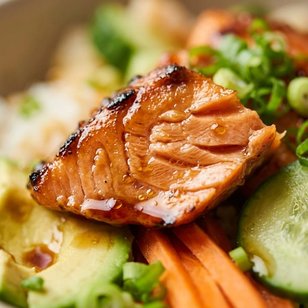 Delicious teriyaki salmon sushi bowl with fresh ingredients and vibrant colors