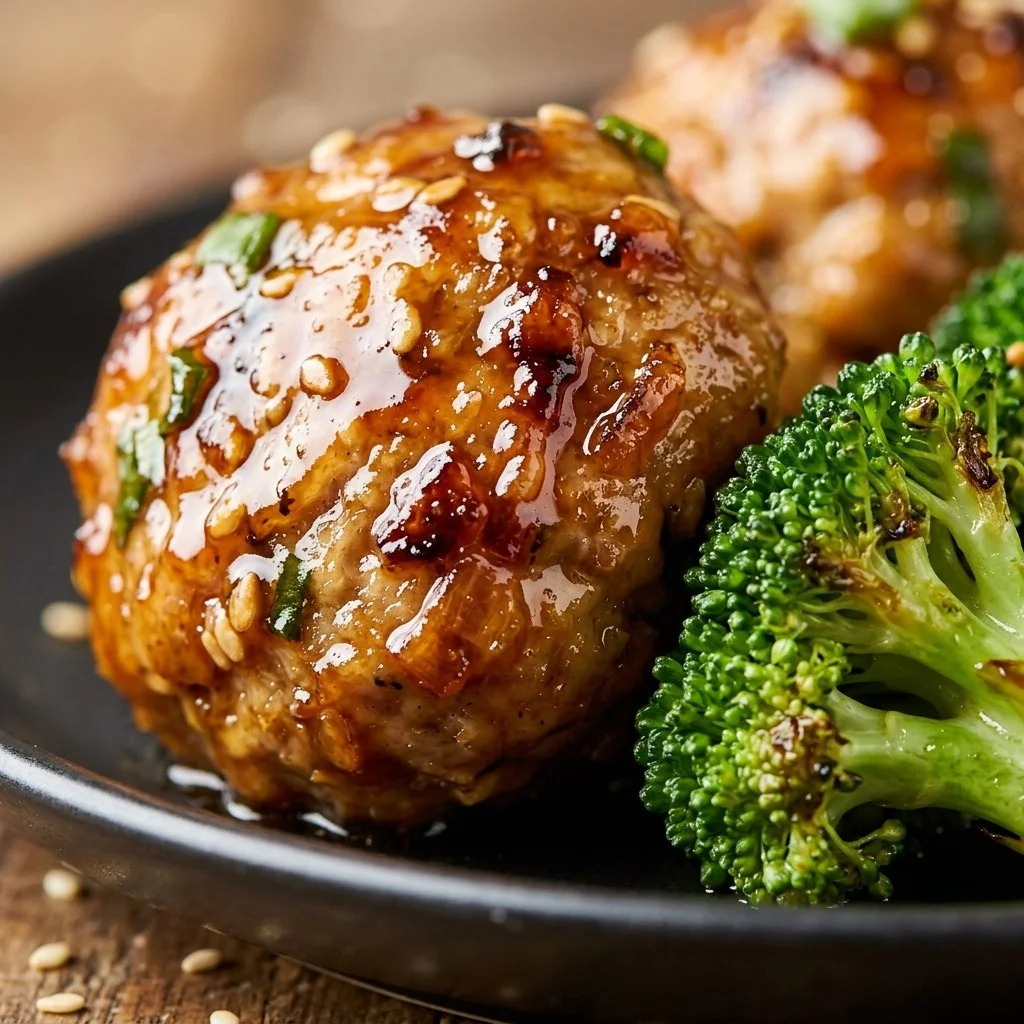 Teriyaki turkey meatballs served with broccoli in a healthy recipe