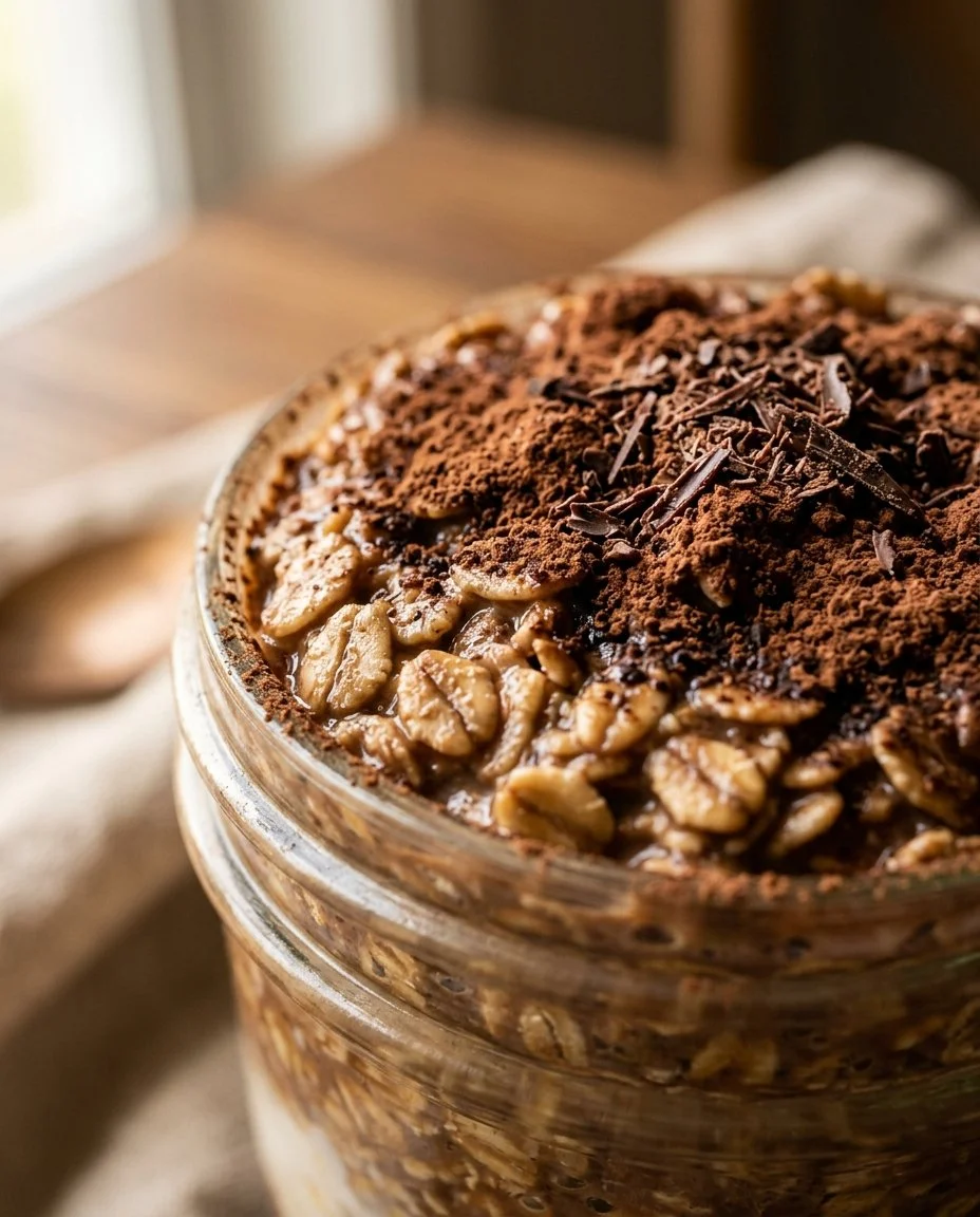 Delicious tiramisu oats in a glass, perfect for a nutritious breakfast.