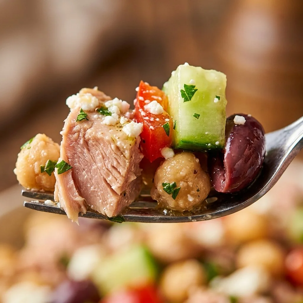 Bowl of Tuna Chickpea Mediterranean Salad with fresh vegetables and herbs
