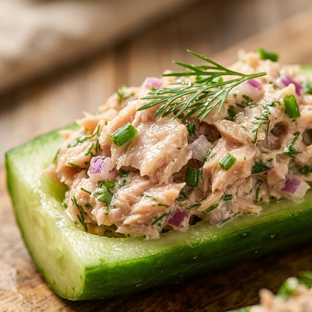 Delicious Tuna Cucumber Boats topped with fresh ingredients.
