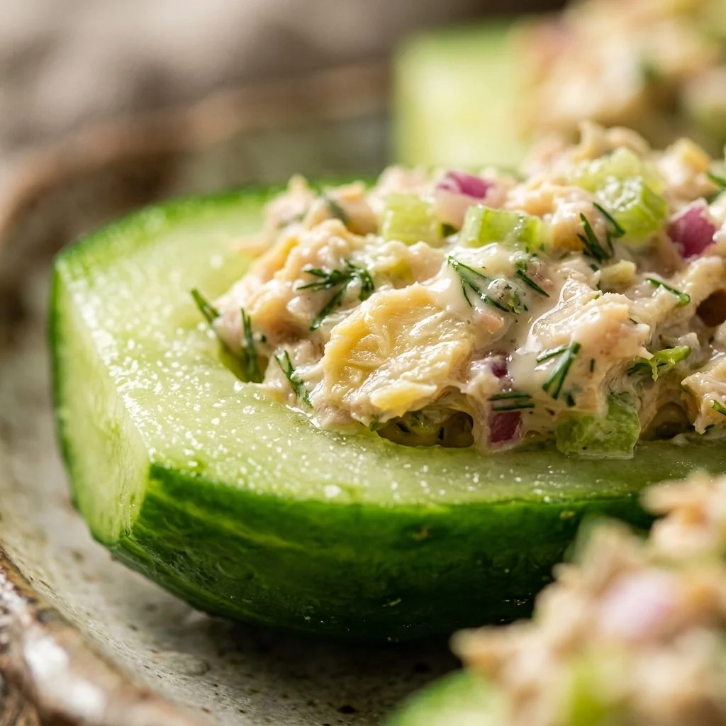 Tuna Stuffed Cucumber Boats ready to serve with fresh ingredients and garnishes