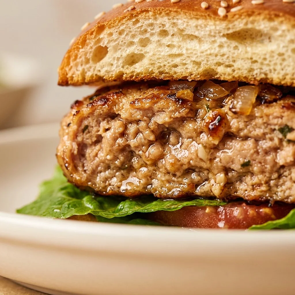 Grilled turkey burgers served on a plate with fresh toppings and condiments