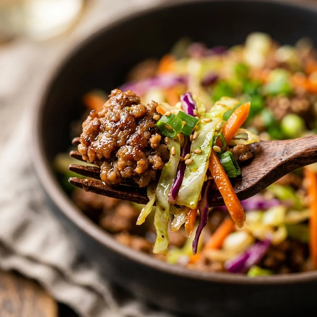 Delicious Turkey Egg Roll in a Bowl with fresh vegetables and seasonings