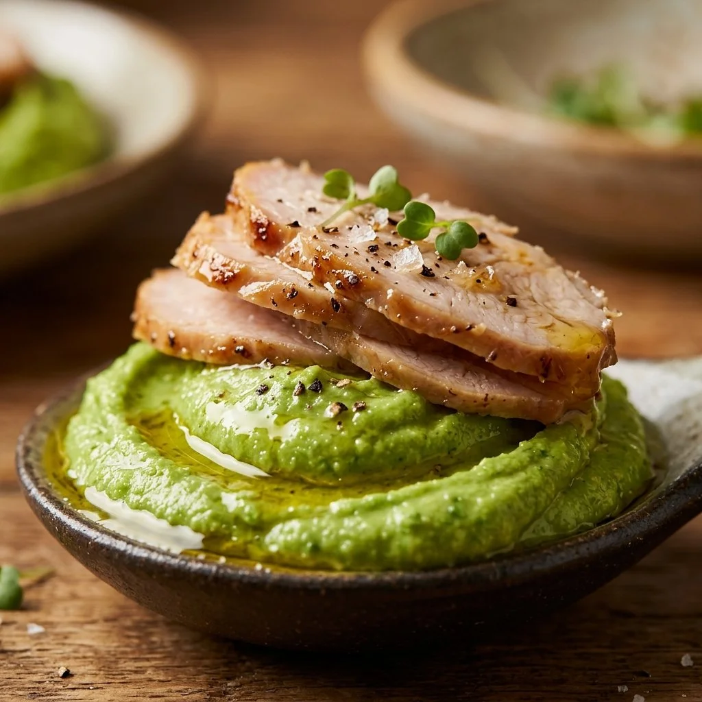 Turkey-infused edamame hummus served with vegetables and pita chips