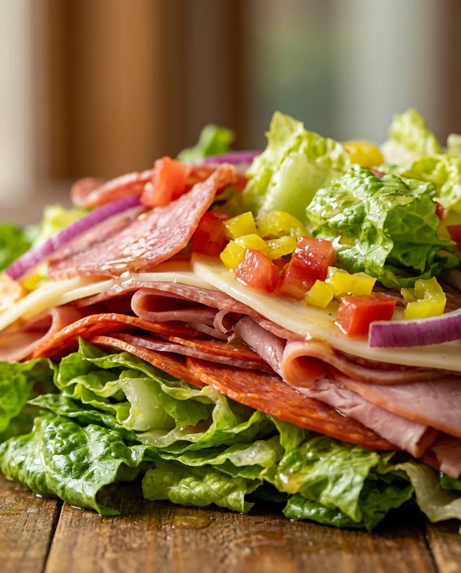 A vibrant and colorful Italian Grinder Salad with fresh ingredients and dressing
