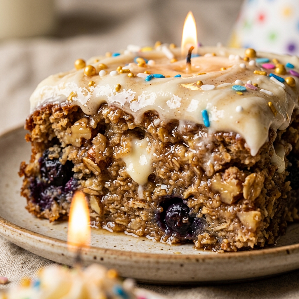 High Protein Baked Oats Birthday Cake